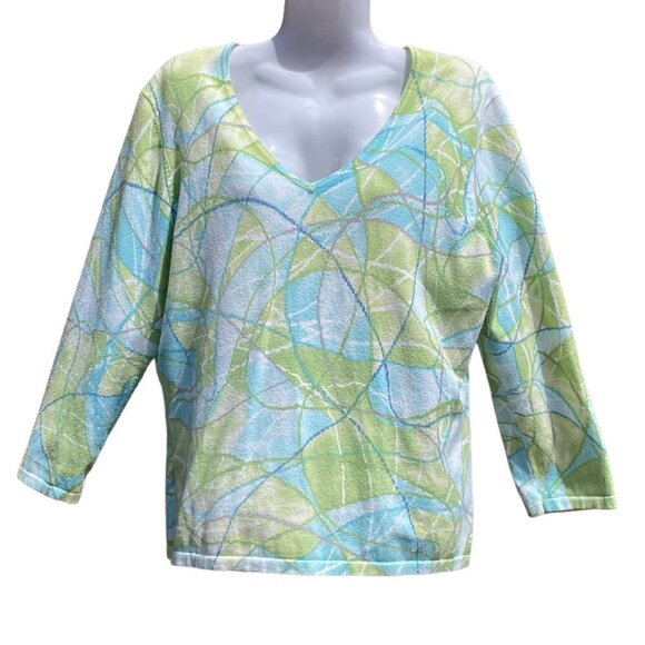 Talbots V-Neck Sweater Abstract Curved Geometric Print Kiwi and Aqua Size Large - Picture 1 of 7